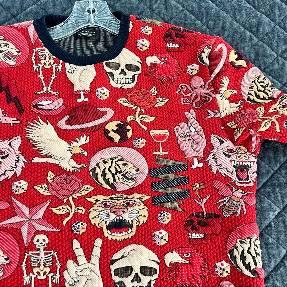 Zara Red Multi Graphic Knit Sweater - Picture 8 of 11